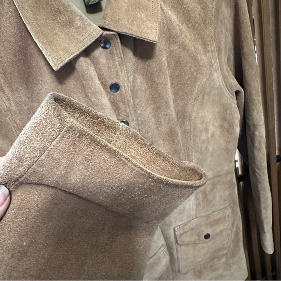 Free People VTG Camel Suede Snap Button Long Trench Jacket Boho Western Large - Picture 7 of 13